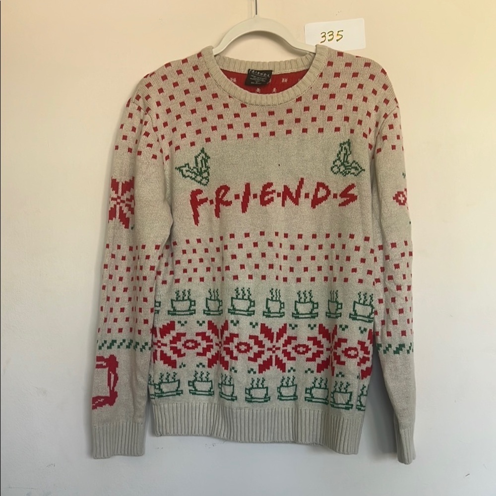 FRIENDS Cream and Red Crew Neck Sweater with Holiday Motifs